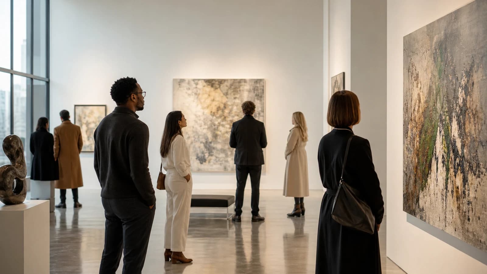 Visitors in a modern Canadian art gallery observing contemporary paintings in a bright, elegant space.