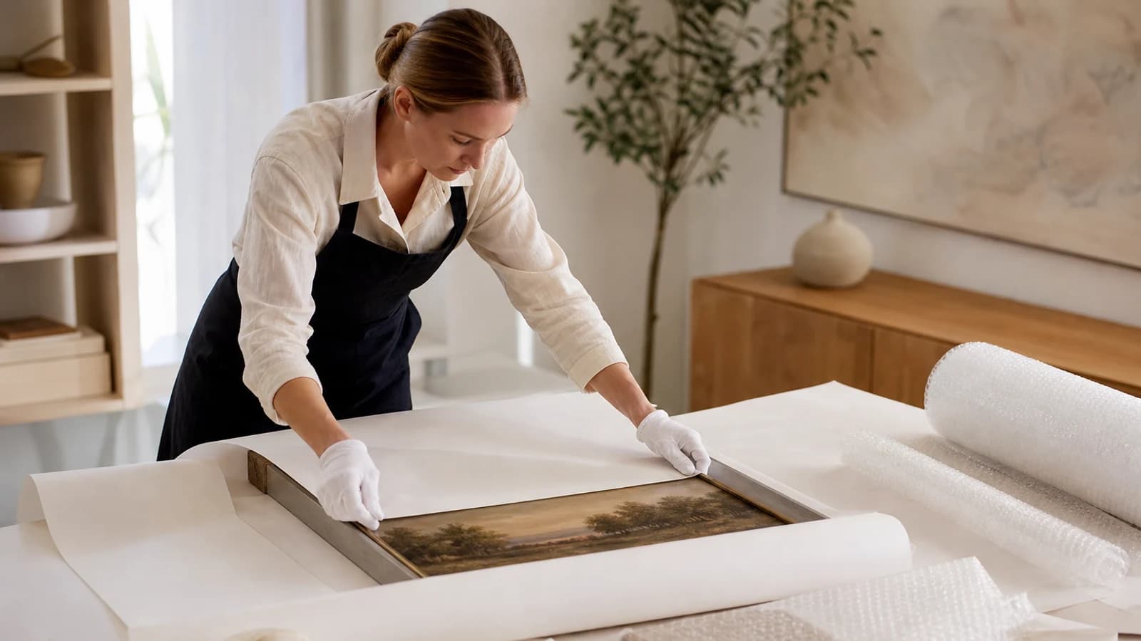 Person wrapping a framed painting with protective materials for moving